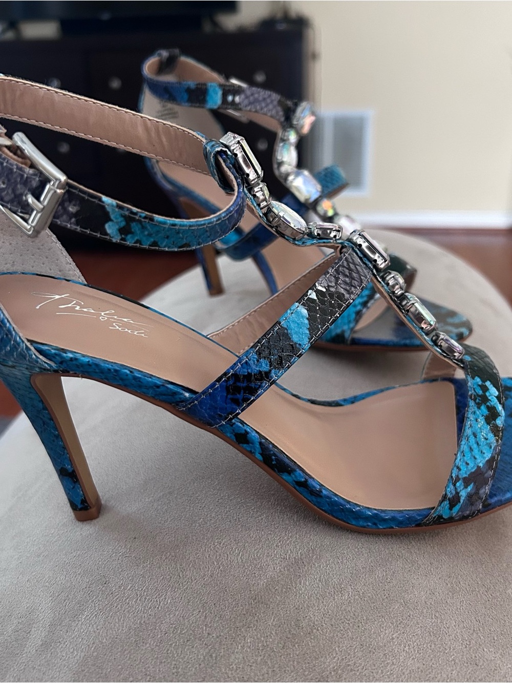 Thalia Sodi Blue Snake-Print T-Strap Heels with Chain Accents